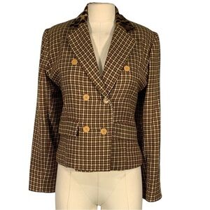 Vintage Finis Retro Y2k Faux Fur Collar Button Front  Blazer Plaid Size 4
